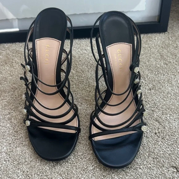 Gucci Marmont Pearl Button Black Strappy Heels - EUC - Picture 1 of 13